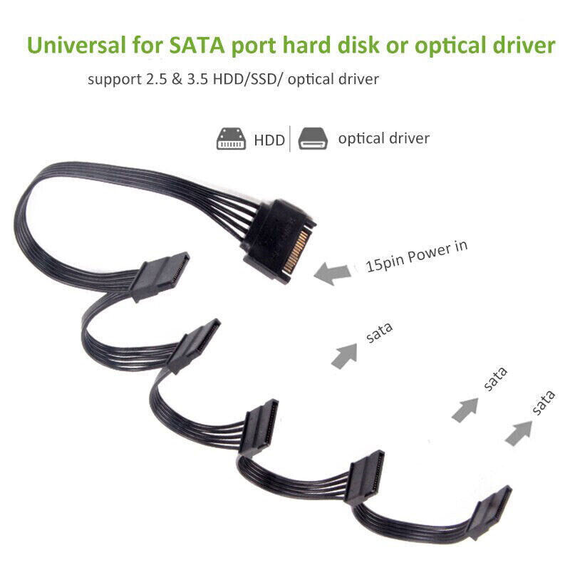 15 Pin SATA Power Y-Splitter Cable Adapter Extension 1 Male to 5 Female For HDD