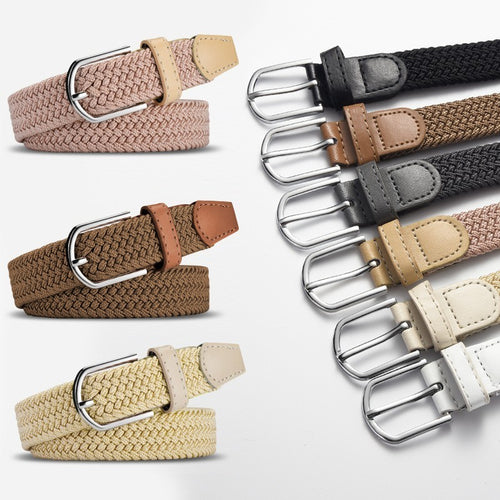 25mm Wide Stretch Belt Braided Elastic Woven Belt Silver Buckle Jeans