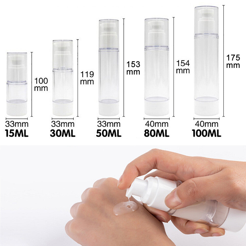 10Pcs 15-100ml Airless Lotion Cream Pump Refillable Empty Bottle Clear Travel