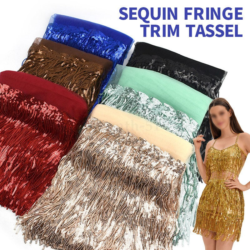 AU 10Y Sequin Fringe Trim Tassel Glitter Lace Fringes for Dance Clothes Dress