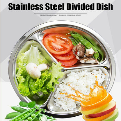 Stainless Steel 3Sections Round Divided Dish Snack Dinner Plate For Kid AU