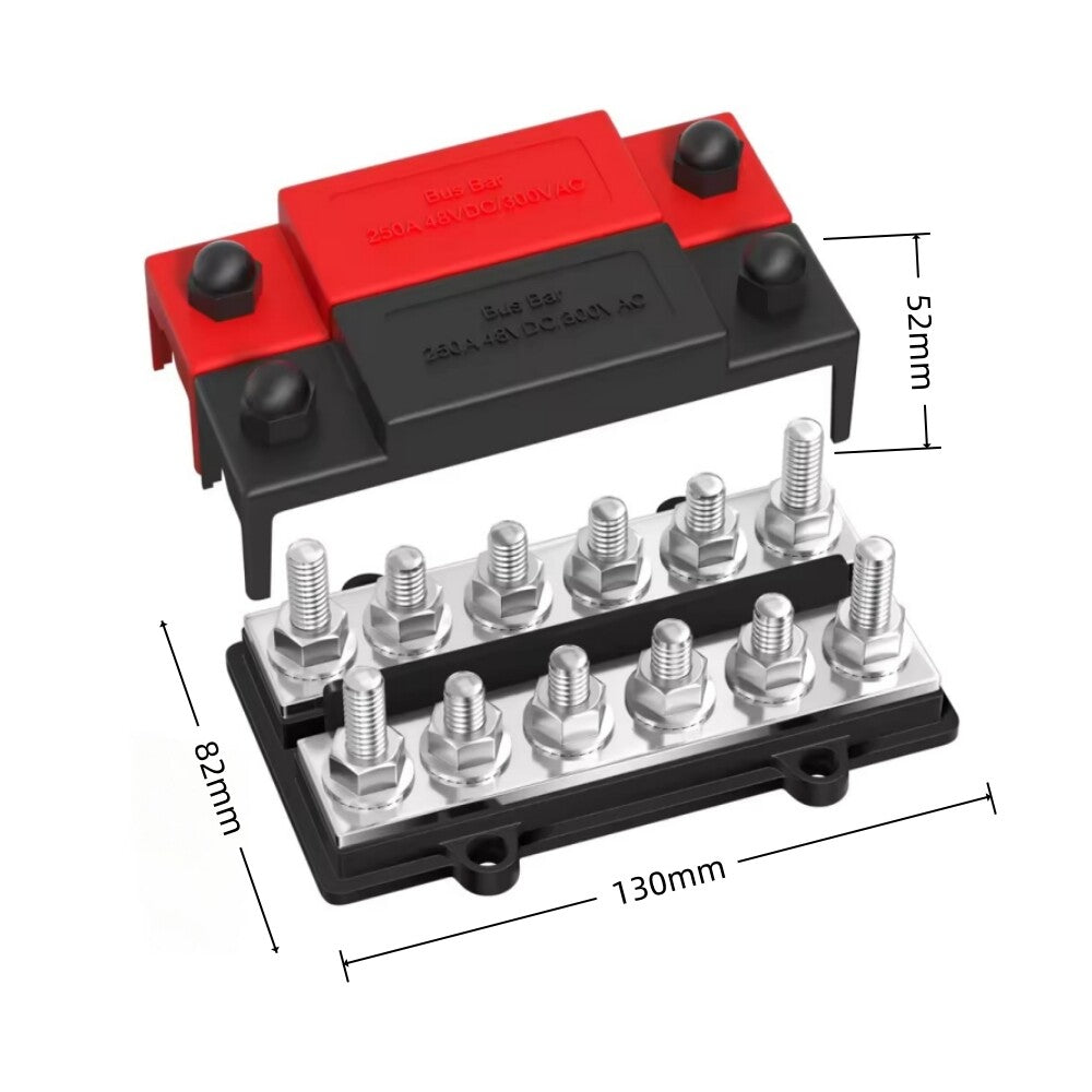 Dual M8 Bus Bar 12V-48V 250A Power Distribution Block 12xM8 Posts Studs Terminal