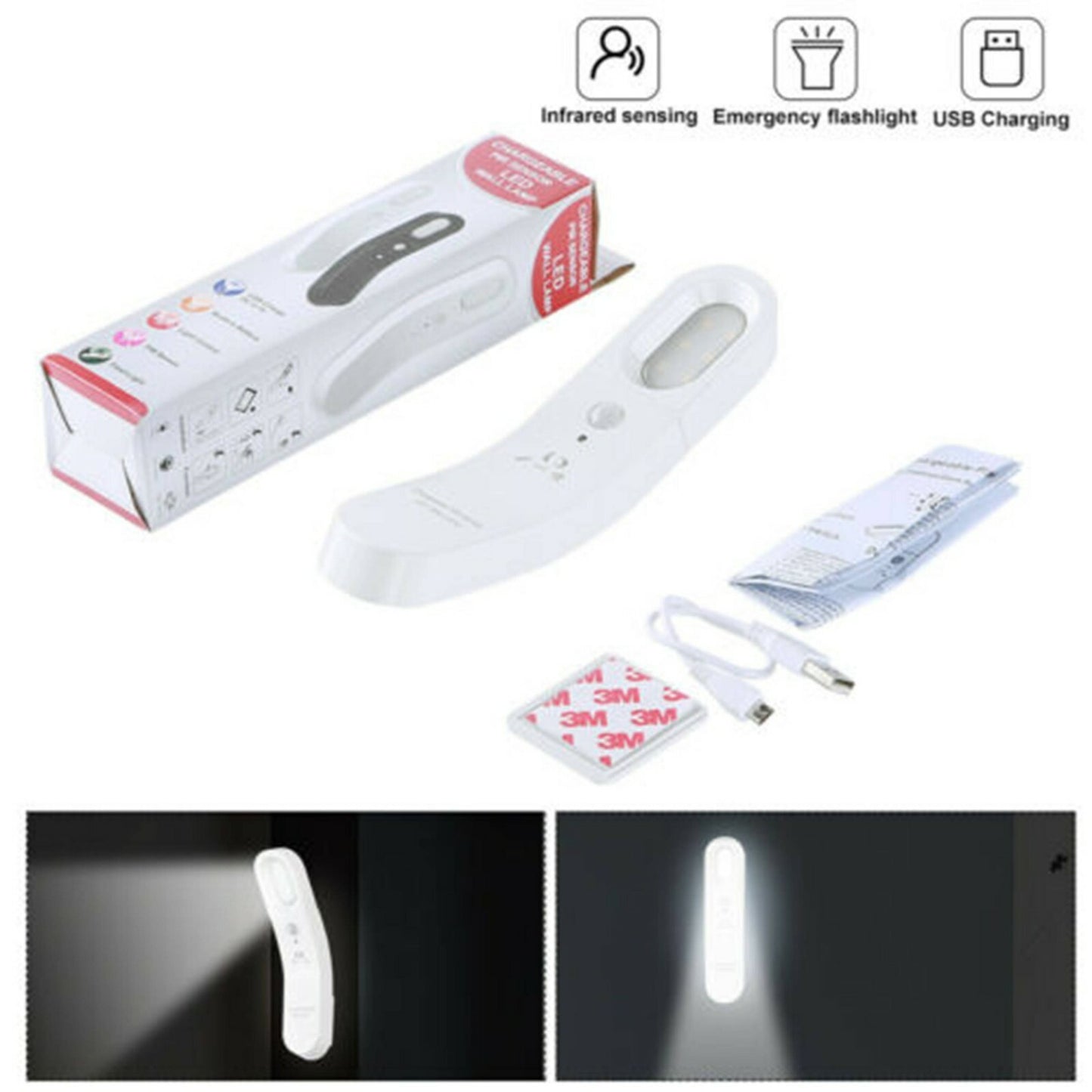 Motion Sensor PIR Light Cordless USB Rechargeable LED Night Light Closet Stair