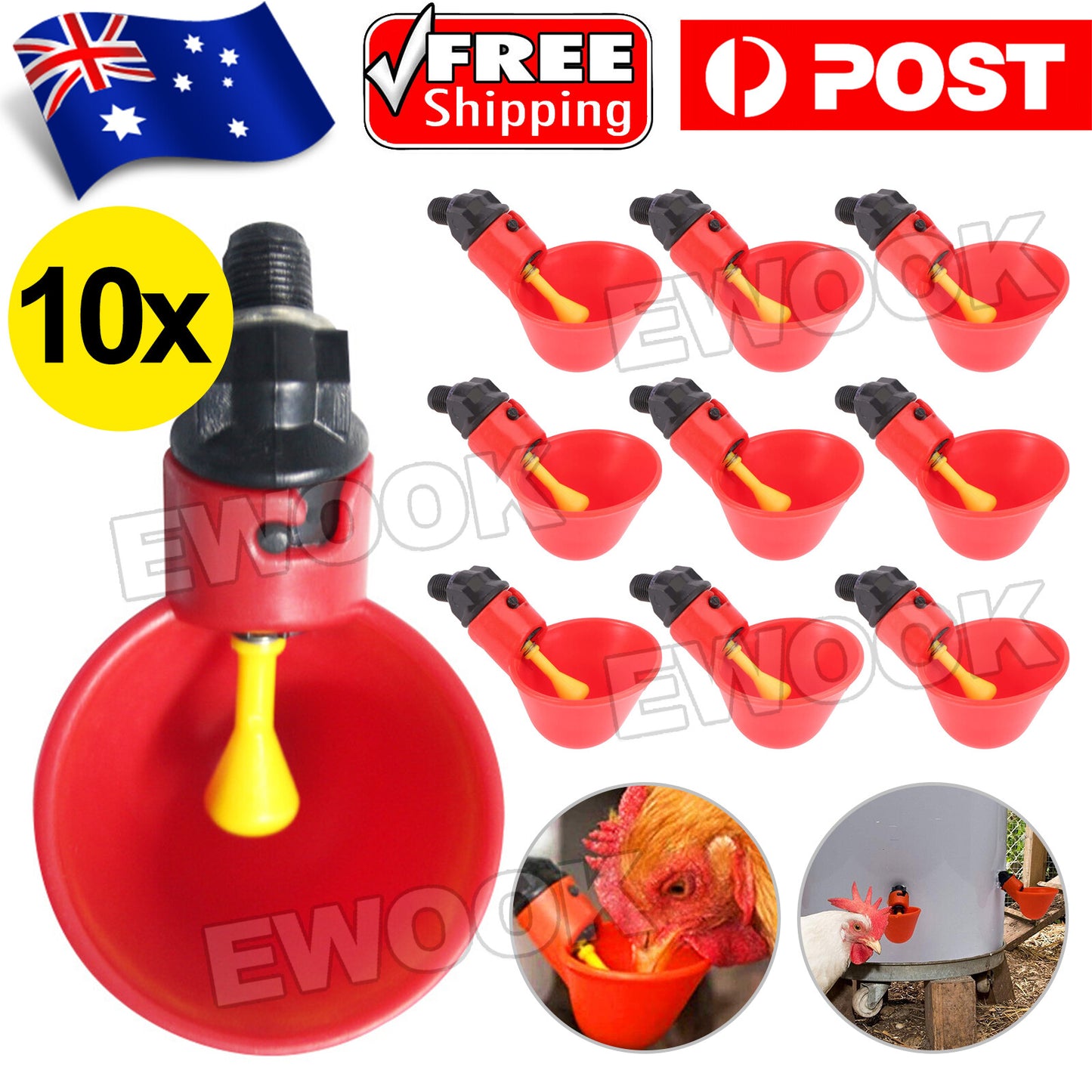 10x Automatic Cups Water Feeder Drinker Chicken Waterer Poultry Chook Bird VIC