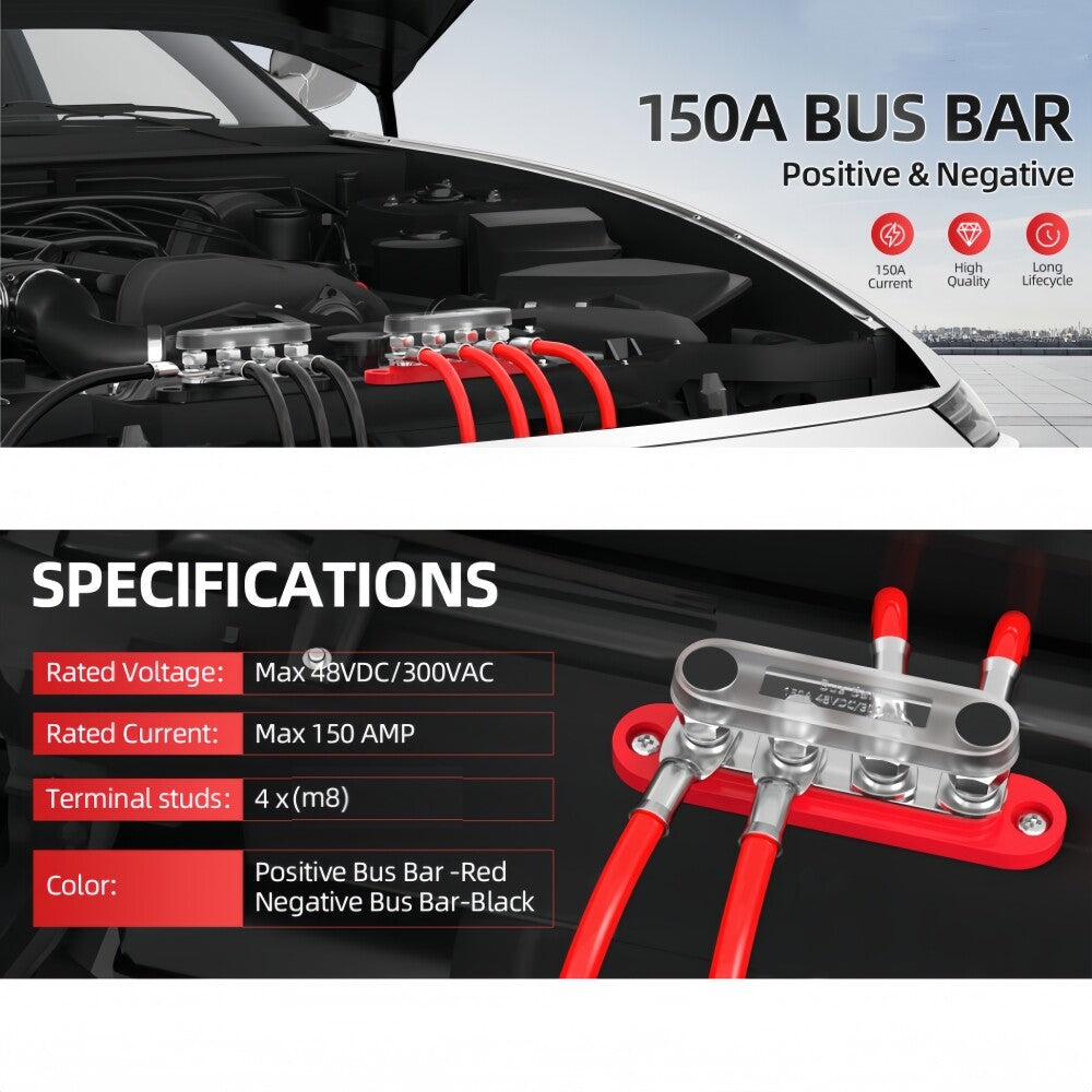 M8 Bus Bar 12V-48V 150A Power Distribution Block 4xM8 Posts Stud Terminal Block