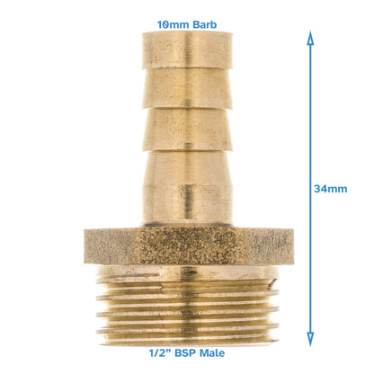 Brass 10mm Barb Hose - 1/2" BSP Male Threaded Pipe Fitting Tail Connector Thread