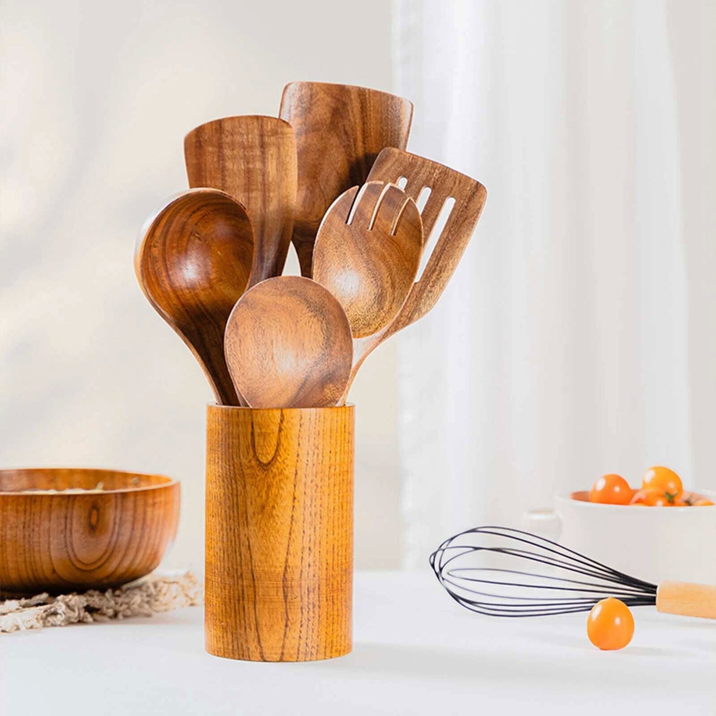 Natural Wooden Kitchen Utensil with Spoon Rest Holder 5-9pcs Cooking Spoon Set