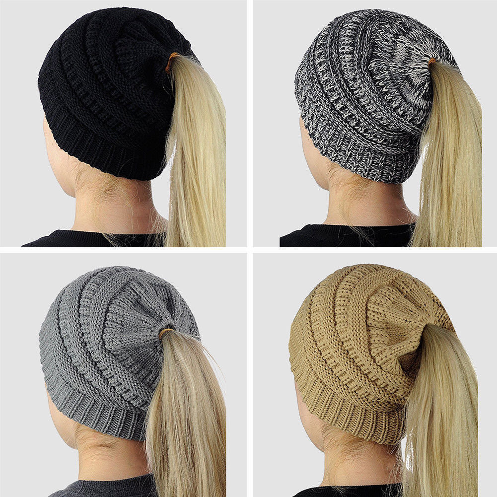 Ponytail Beanie Women's Ribbed Winter Messy Bun Cable Warm Soft Knit Hat Cap