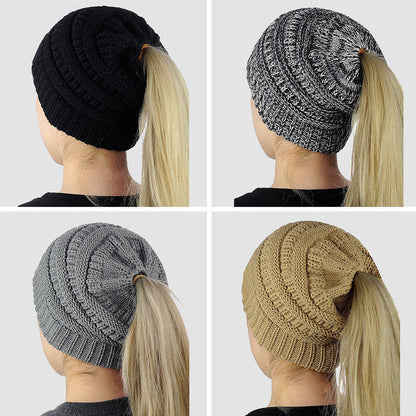 Ponytail Beanie Women's Ribbed Winter Messy Bun Cable Warm Soft Knit Hat Cap