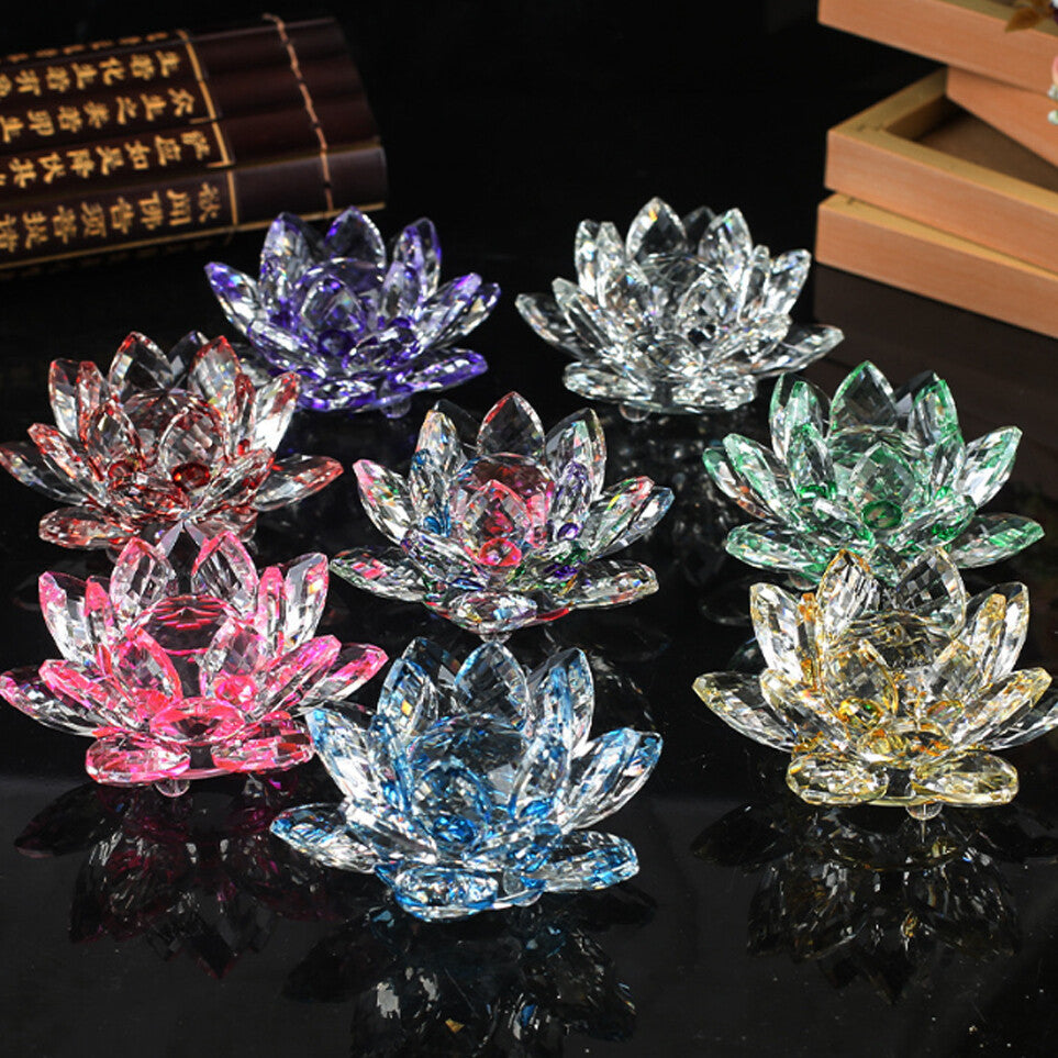 Feng Shui Quartz Crystal Lotus Flower Crafts Glass Paperweight Ornament Figurine