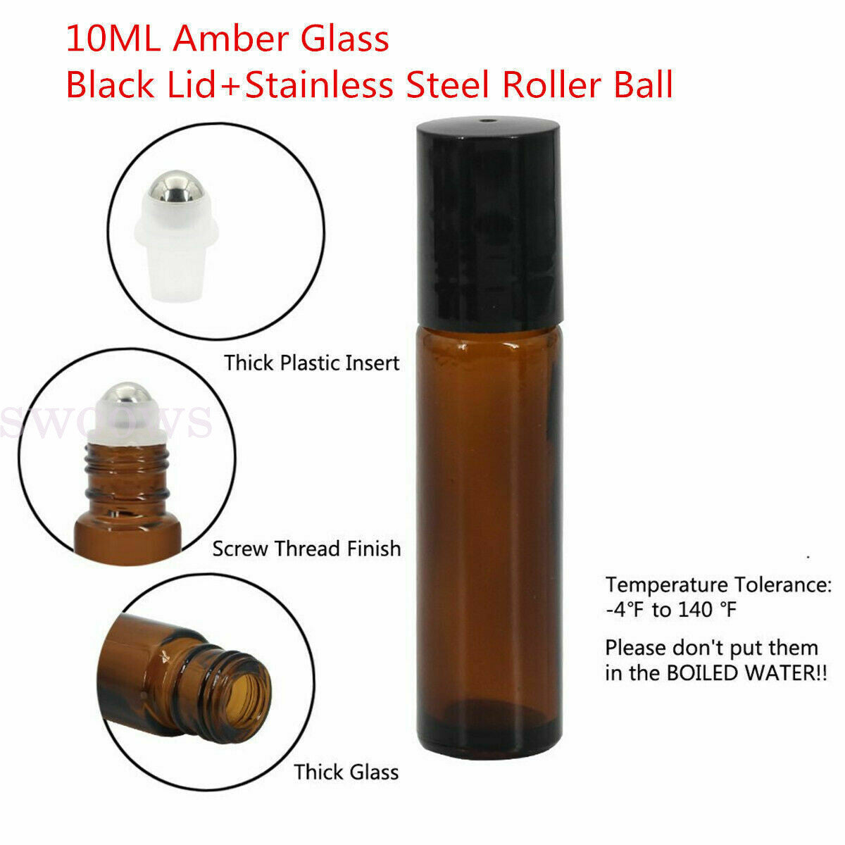 10X 10ml Roller Bottles Amber Thick Glass Steel Roll on Ball for Essential Oils