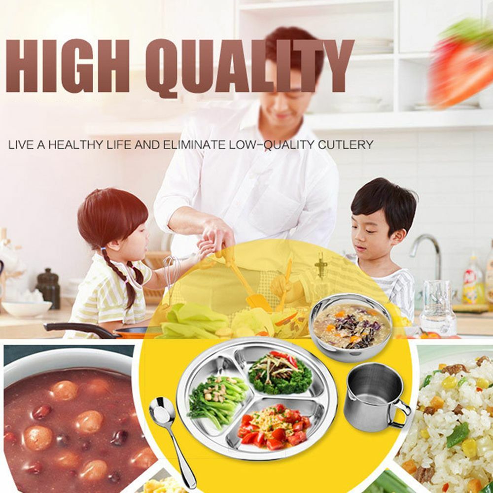 Stainless Steel 3Sections Round Divided Dish Snack Dinner Plate For Kid AU