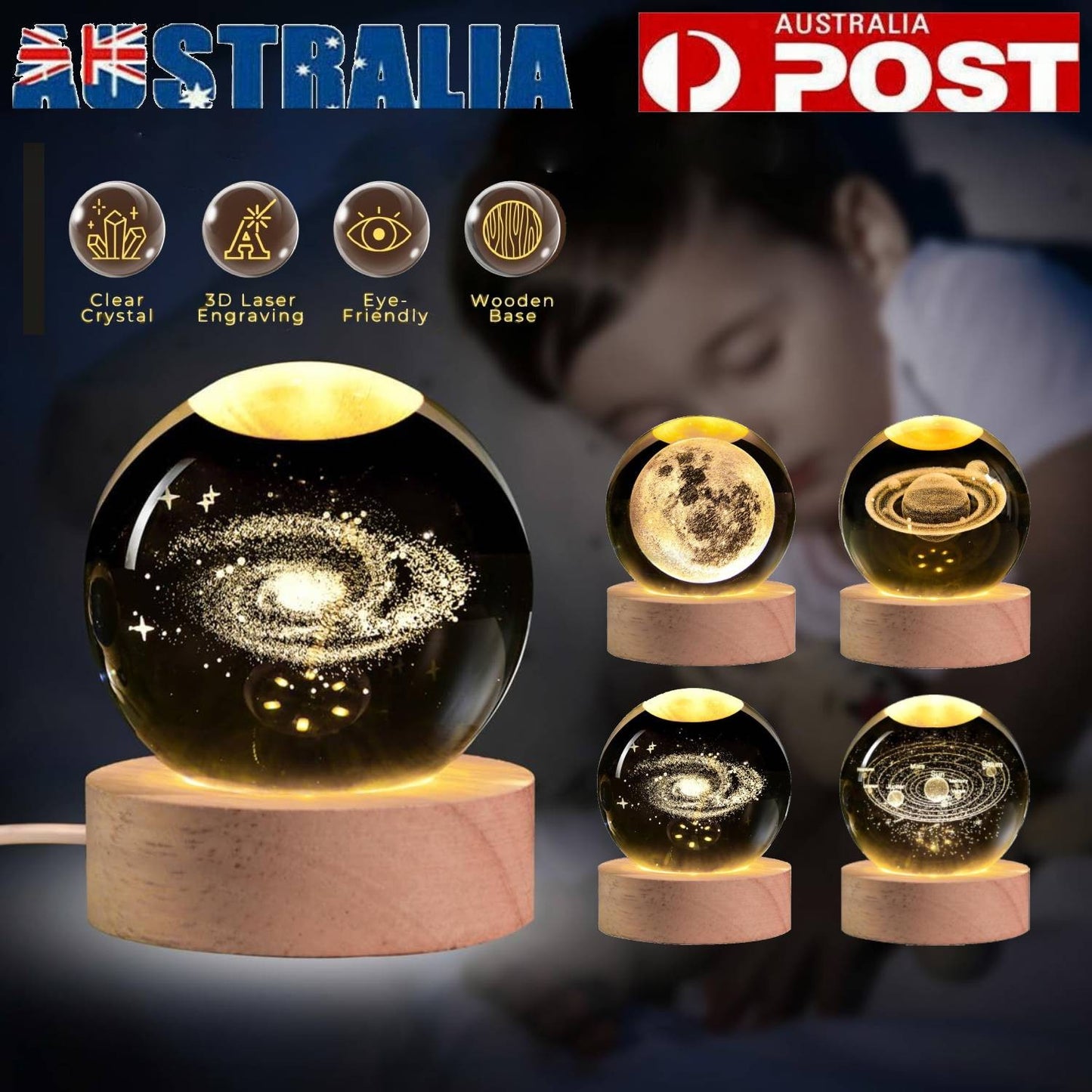 USB 3D Moon Planet Globe Galaxy Night Light LED Crystal Ball Table Lamp Bedside – Compatible with Galaxy