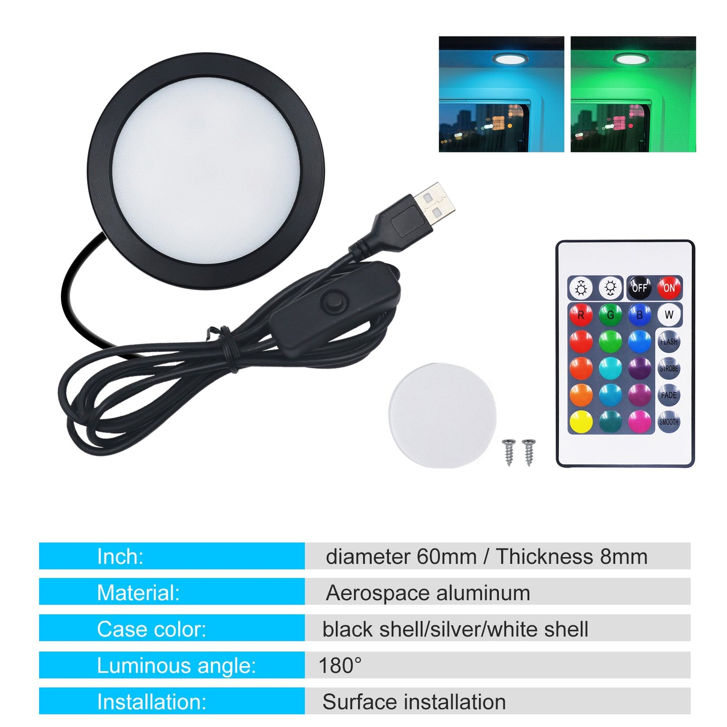 USB LED Under Cabinet Light Kit RGB Puck Lamp Counter Kitchen Display Dimmable