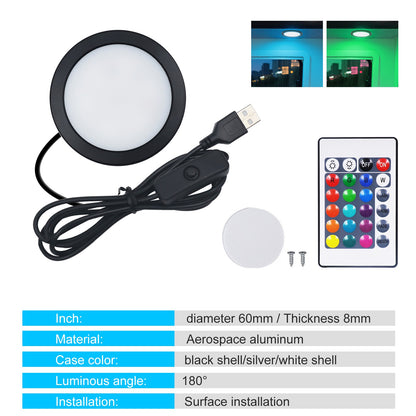 USB LED Under Cabinet Light Kit RGB Puck Lamp Counter Kitchen Display Dimmable