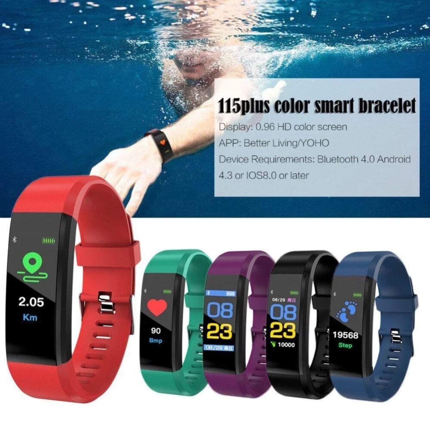 Bluetooth Fitness Tracker Smart Watch Heart Rate Monitor Step Counter Waterproof