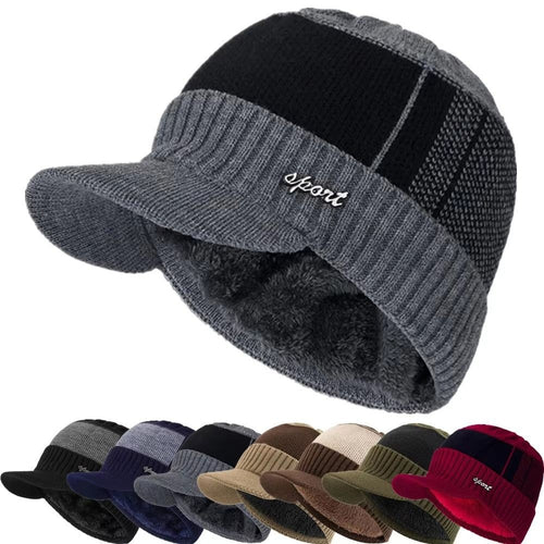 Knitted Beanie Hat with Brim Ear Protection Cap New Pullover Hats  Unisex