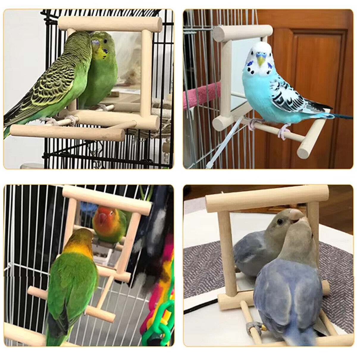 Bird Mirror Toy with Perch Cage Hanging Play Stand for Parrot Cockatiel Parakeet