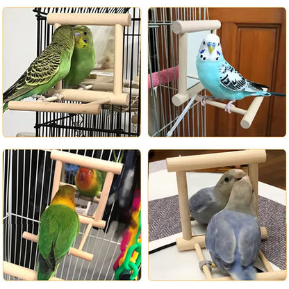 Bird Mirror Toy with Perch Cage Hanging Play Stand for Parrot Cockatiel Parakeet