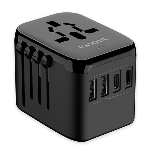 Universal Travel Power Adapter USB-C 3 USB-A Worldwide Plug Black