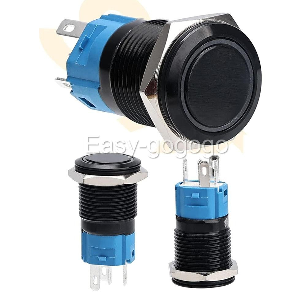 Round Switch Push Button Latching ON-OFF 12V 16mm NO NC IP65 BLUE LED RING Black