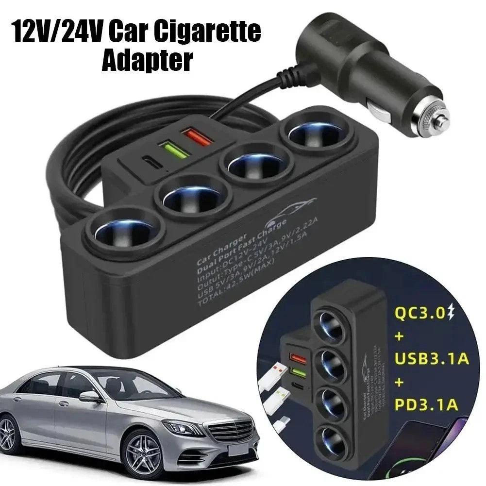 4Way 12-24V Car Cigarette Charger Lighter Socket Splitter Power USB Adapter Port