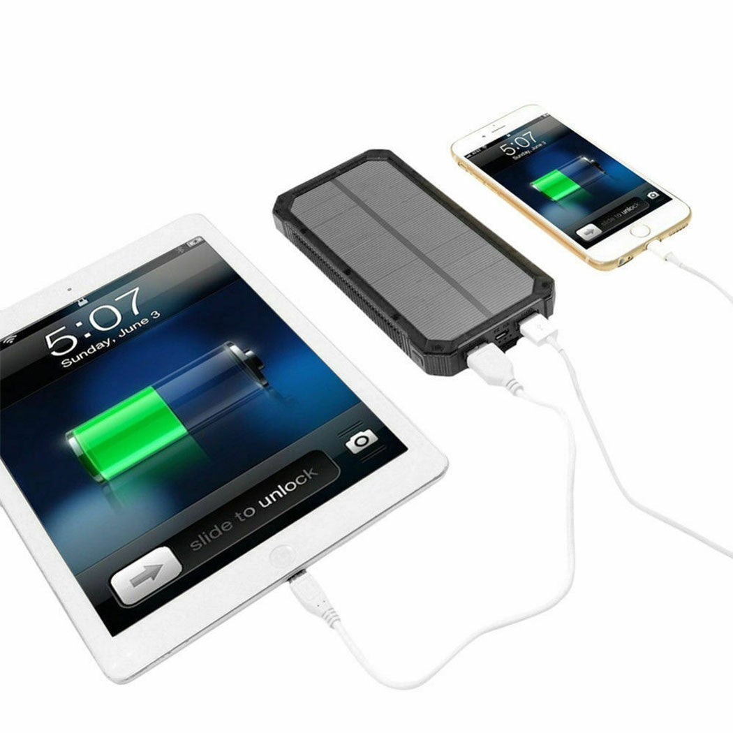 20000mAh Solar Power Bank Dual USB LED Flashlight Waterproof Portable Charger