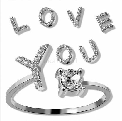 Adjustable Open Initial A-Z Letters Ring Fashion Zircon Ring Womens Jewelry Gift