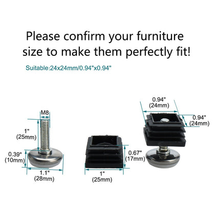 10Pcs Adjustable Leveling Feet 25 x 25mm Inserts Furniture Table Glide