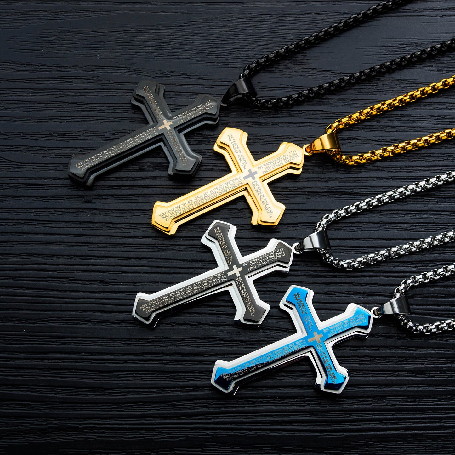 Man Real Stainless Steel Gold Silver Black Cross Bible Pendant Chain Necklace