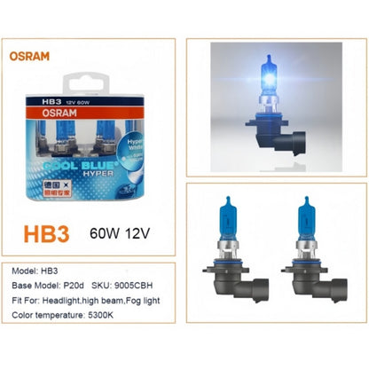 2 x Osram 12V HB3 60W Halogen Cool Blue Hyper White Globes 5300K Original 9005 – Compatible with Osram