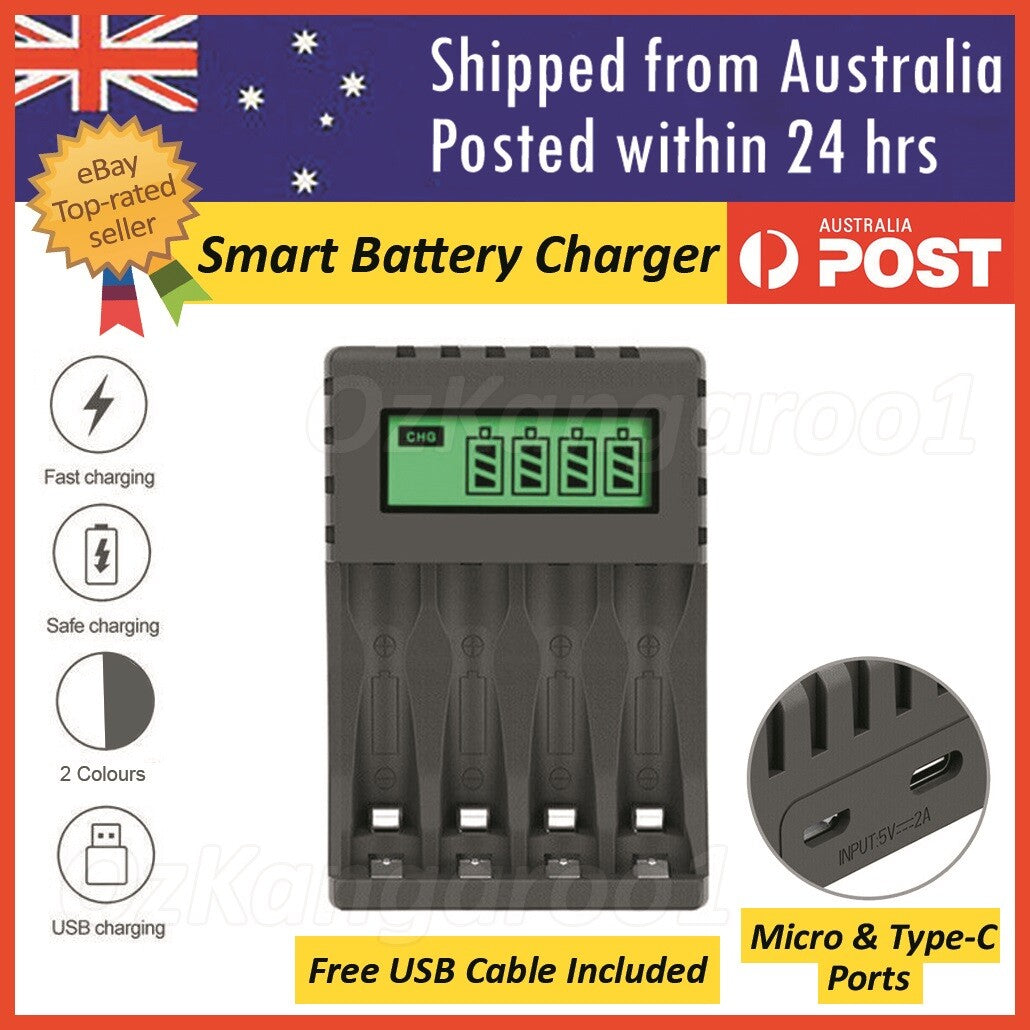 Smart Battery Charger 4 Slot for AA/AAA Nimh Rechargeable Batteries LCD Display