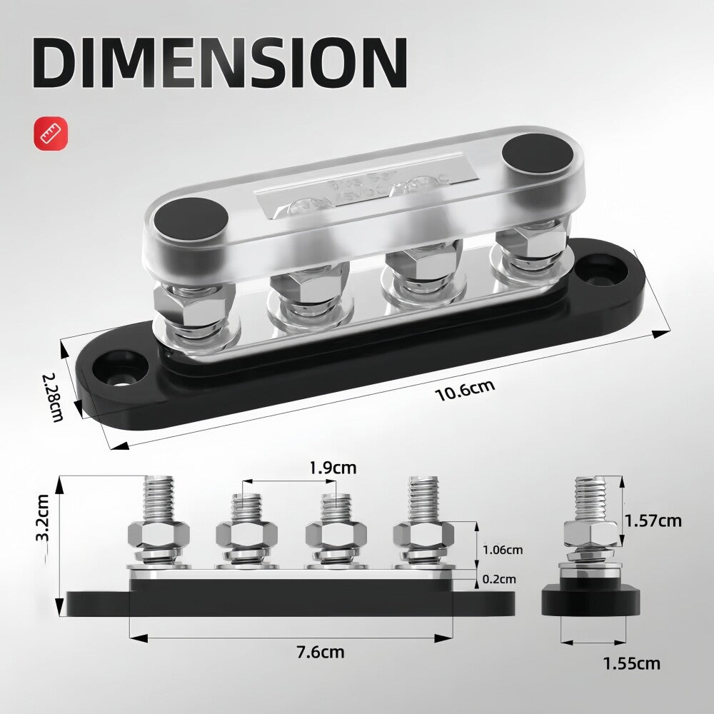 M8 Bus Bar 12V-48V 150A Power Distribution Block 4xM8 Posts Stud Terminal Block