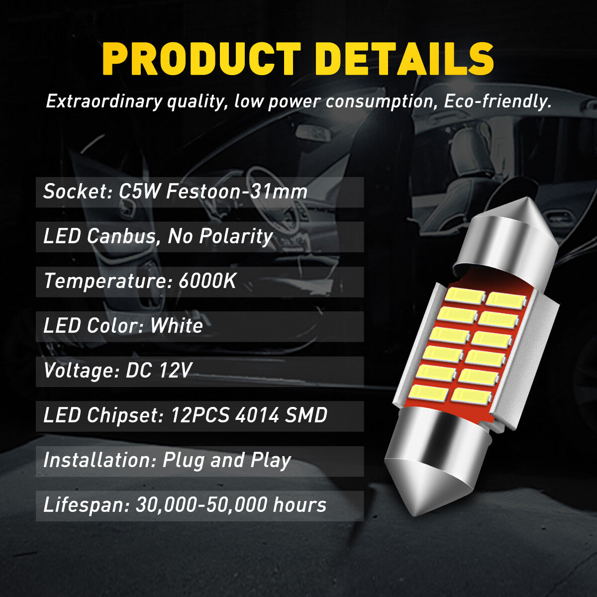 AUXITO 2X 31mm FESTOON CAR NEW LED INTERIOR LIGHT BULB DOME GLOBE CANBUS IP67