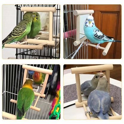 Bird Wood Perch Stand With Mirror Swing Parrot Pet Budgie Cage Hanging Toy AU