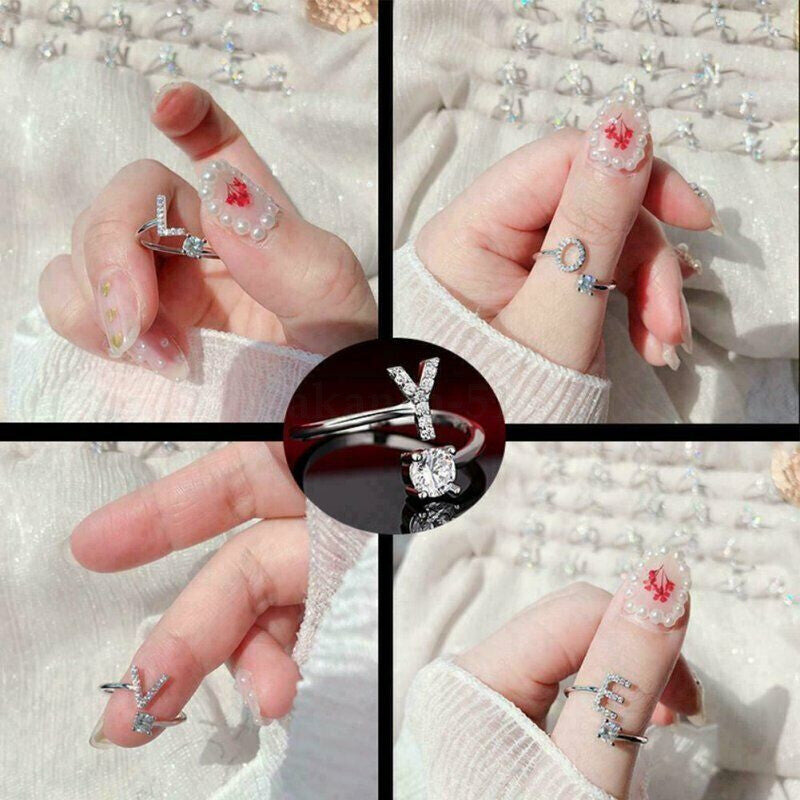 Adjustable Open Initial A-Z Letters Ring Fashion Zircon Ring Womens Jewelry Gift