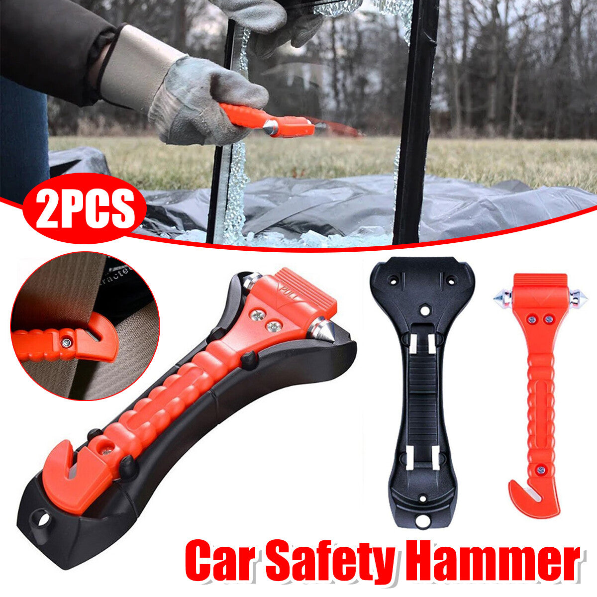 2X Car Emergency Hammer Window Glass Breaker Seat Belt Cutter Safety Escape Tool – Compatible with Seat