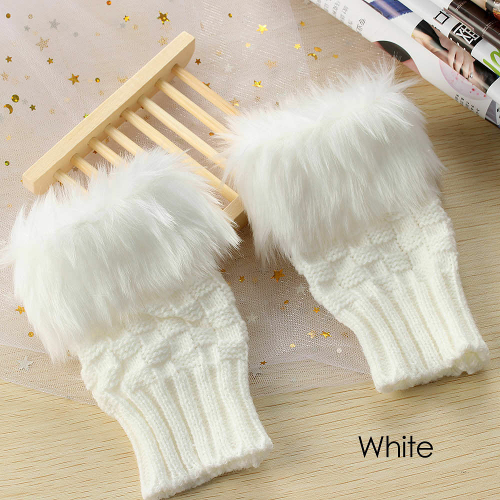 Winter Knitted Faux Fur Fingerless Gloves Women Wrist Hand Soft Warm Mittens