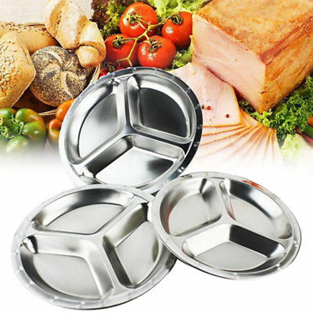 Stainless Steel 3Sections Round Divided Dish Snack Dinner Plate For Kid AU