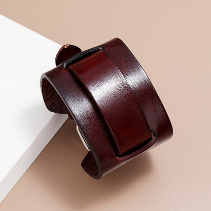 Men Punk 4.8cm Wide Leather Belt Wristband Bangle Cuff Bracelet Adjustable 28cm