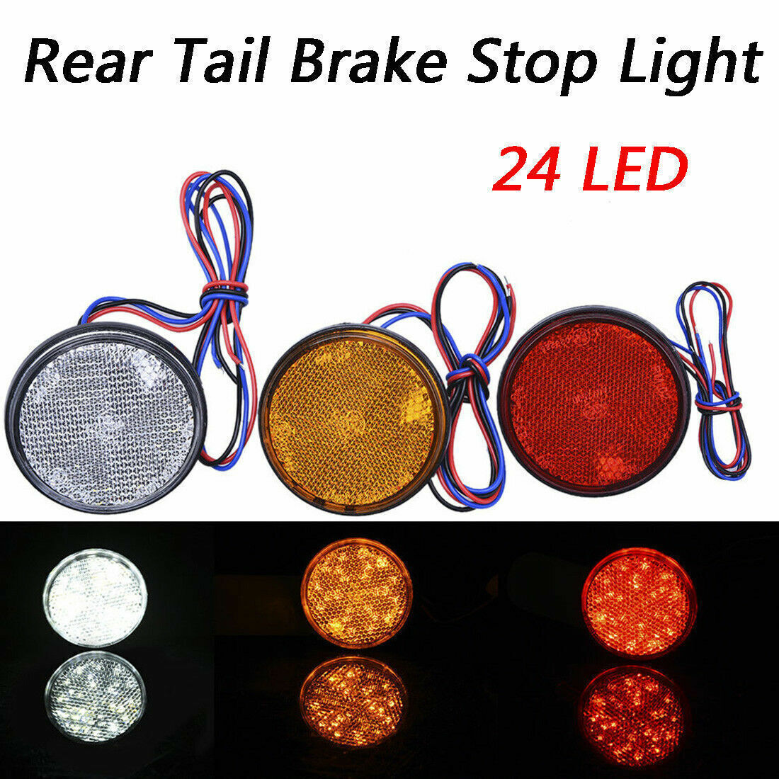 2x Motorbike Motorcycle Round Reflector 24LED Rear Tail Brake Stop Light Lamp