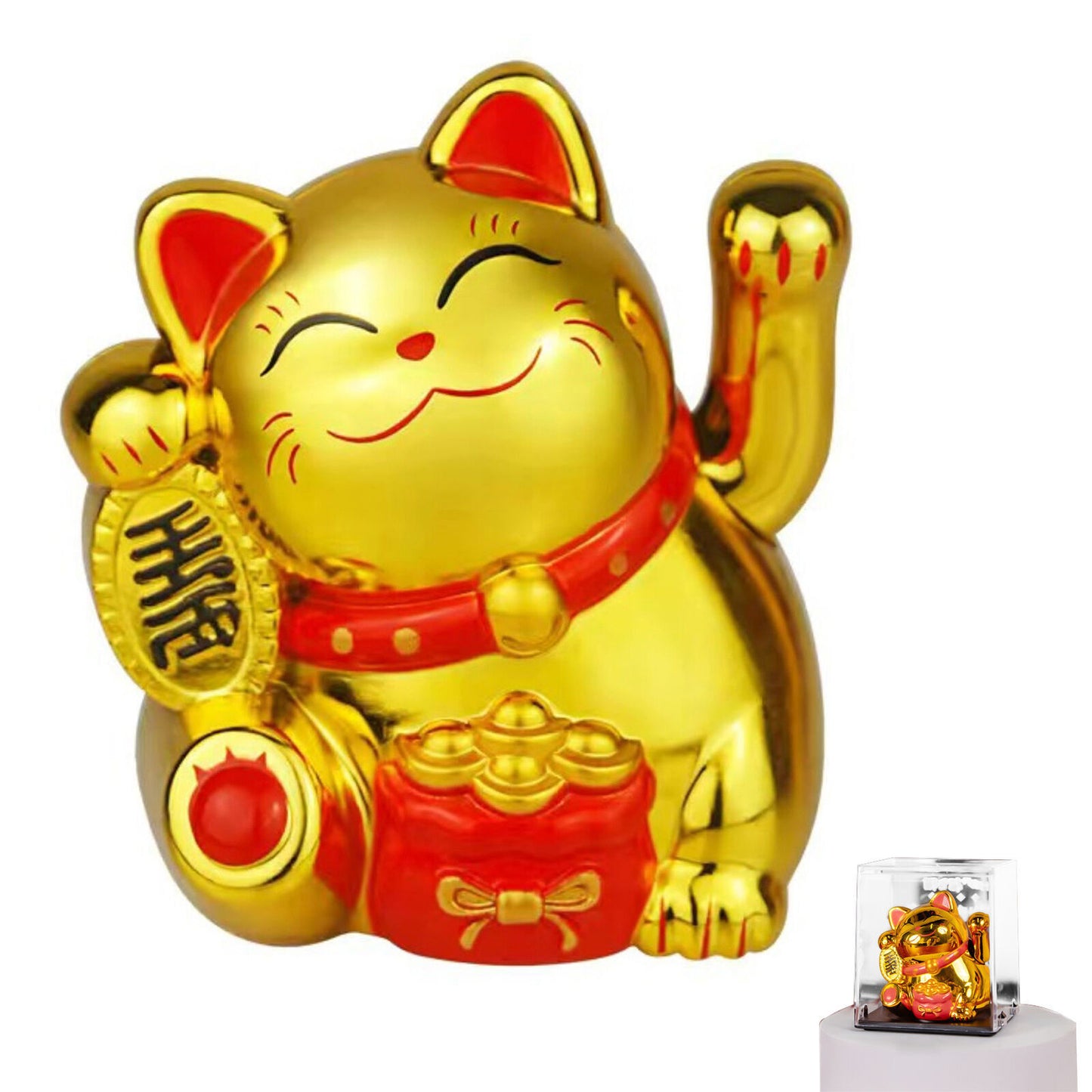 Chinese Lucky Fortune Money Waving Gold Maneki-Neko Cat Figure Feng Shui Decor