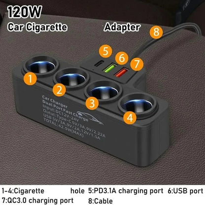 4Way 12-24V Car Cigarette Charger Lighter Socket Splitter Power USB Adapter Port