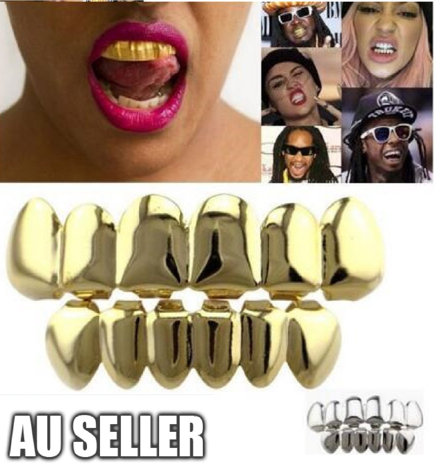 18k Gold Plated Hip Hop Teeth Grillz Caps Top & Bottom Grill Set 3 Colors
