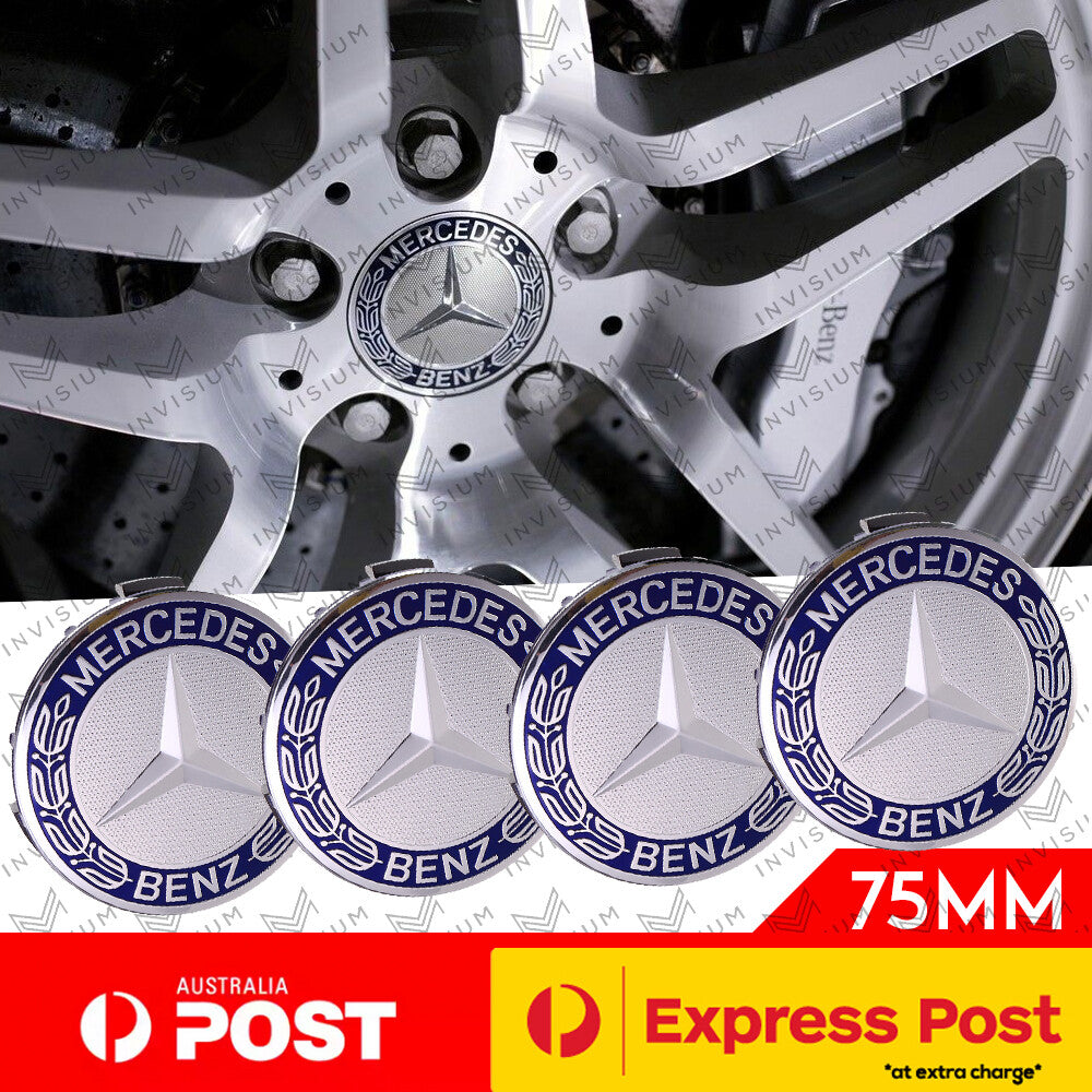 4x 75mm DARK BLUE Wheel Centre HUB CAPS for Mercedes Benz AMG C E S CLA GLA GLE