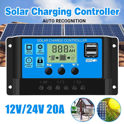 20A Solar Charge Controller 12/24V Battery Regulator with 2 USB Port LCD Display