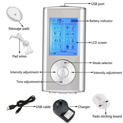 Dual Channel TENS Machine Unit Body Pain Relief Massager Device +8 Pads Physio