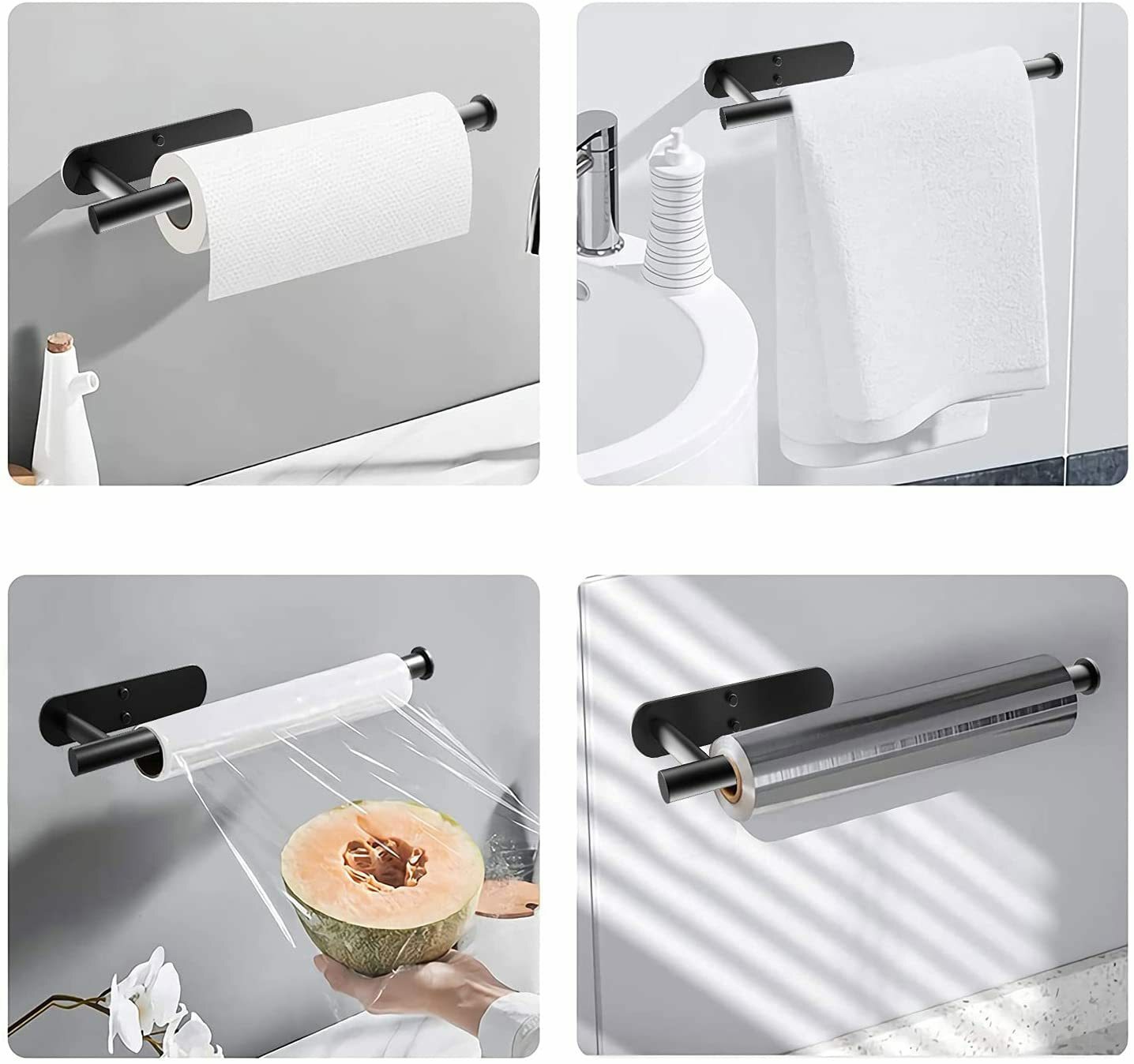 Kitchen Hanger Paper Roll Cabinet Towel Holder Black Rack Shelf Wall Adhesive