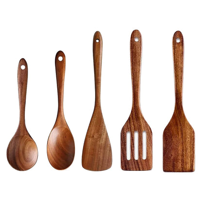 Natural Wooden Kitchen Utensil with Spoon Rest Holder 5-9pcs Cooking Spoon Set