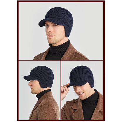 Winter Warm Thick Wool Beanie Hat Men's Knit Cap with Brim Cycling Cap